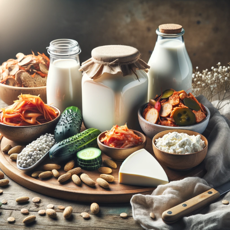 Kéfir, chucrut, kimchi, yogur, queso y encurtidos sobre una mesa