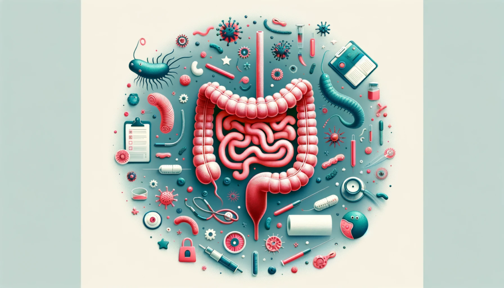 62 Ilustración del intestino rodeado de bacterias, síntomas del Helicobacter pylori