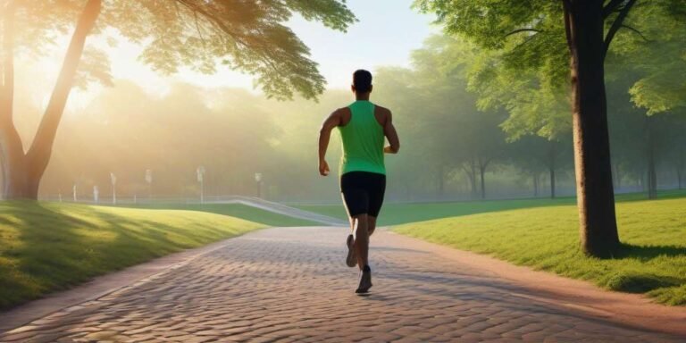 Hombre corriendo por un parque al amanecer