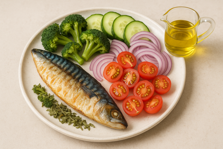Plato de pescado y verdura en una mesa tranquila: comer sin prisa también ayuda a absorber