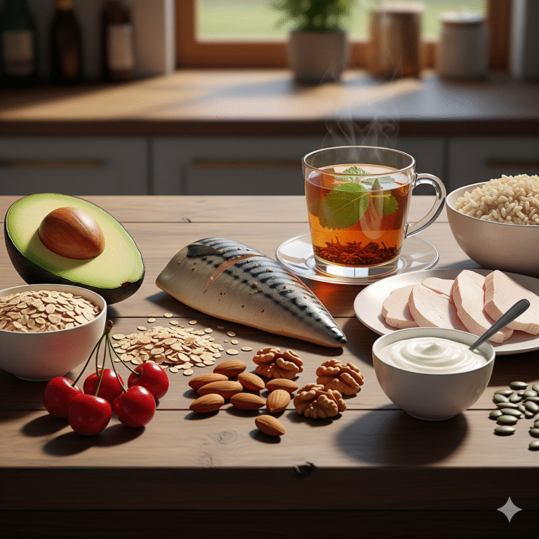 Infusión, avena, caballa, aguacate y frutos secos sobre una mesa