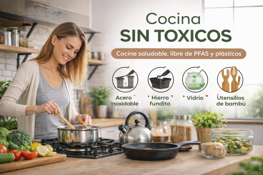 Chica guapísima en una cocina sin tóxicos