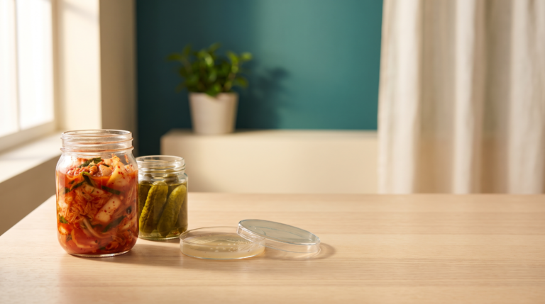 Tarros de kimchi y encurtidos fermentados sobre una mesa de madera