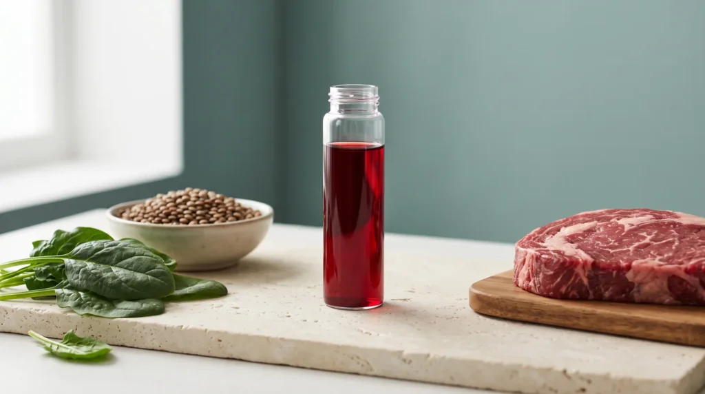 Vial de sangre junto a alimentos ricos en hierro, ilustrando el análisis de ferritina