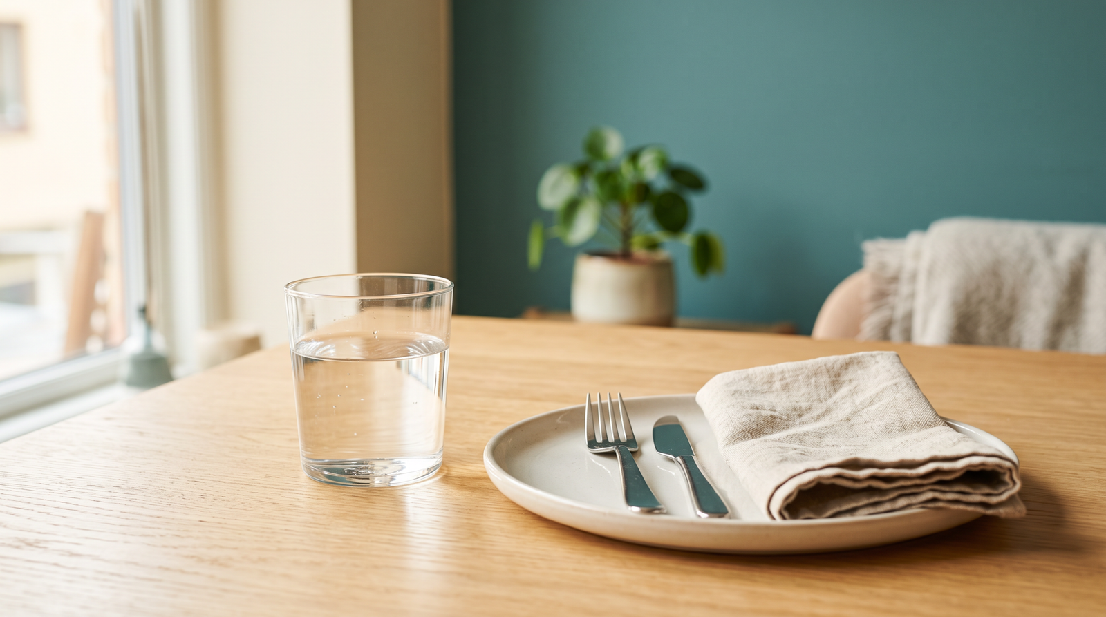 Dieta para Helicobacter pylori: qué comer, qué evitar y qué es mito 3 Mesa puesta con un plato y un vaso de agua, sin móvil ni pantallas, para comer despacio