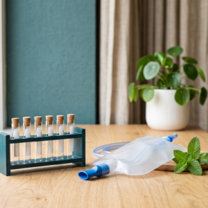 Gradilla con tubos de ensayo, una bolsa de muestra y hojas de menta, prueba de aliento del SIBO