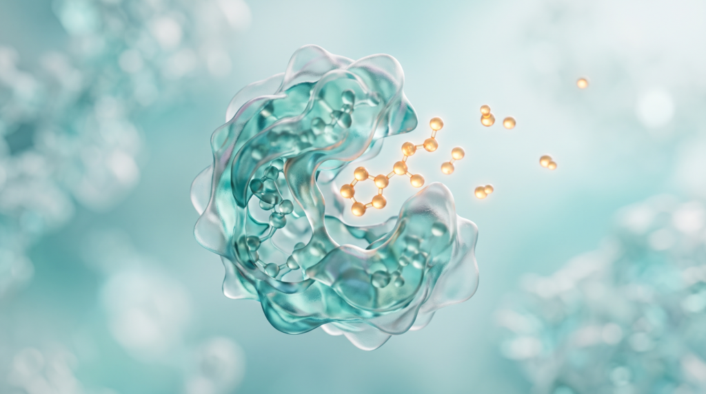 Concepto de enzima DAO neutralizando una molécula de histamina, tonos teal