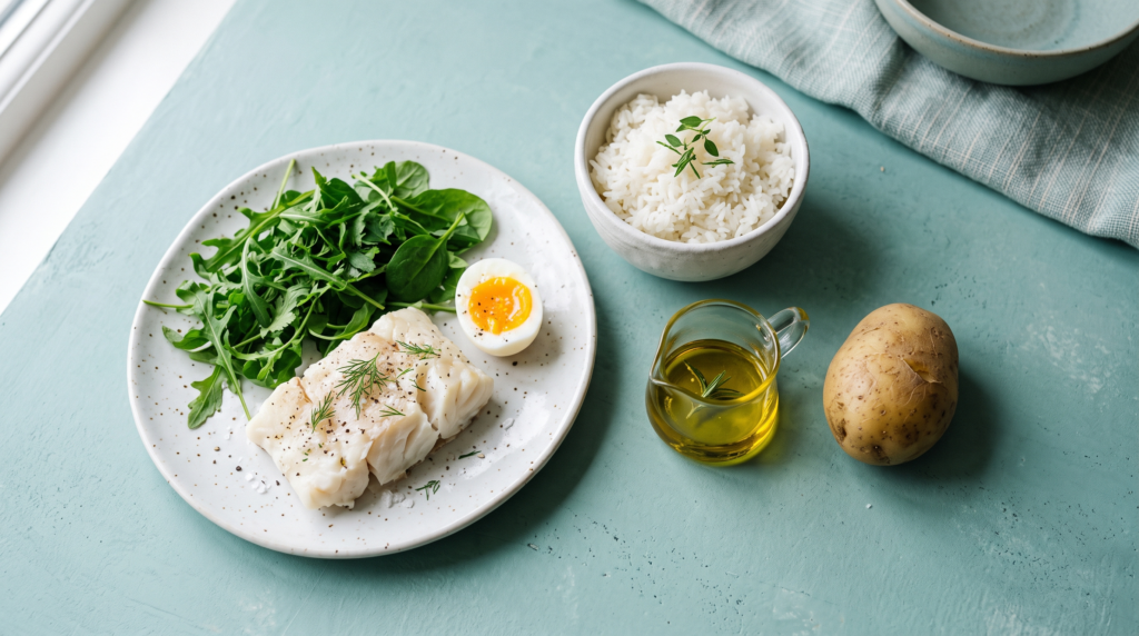 Bodegón de alimentos frescos y seguros: pescado blanco, arroz, huevo, hoja verde, patata y aceite