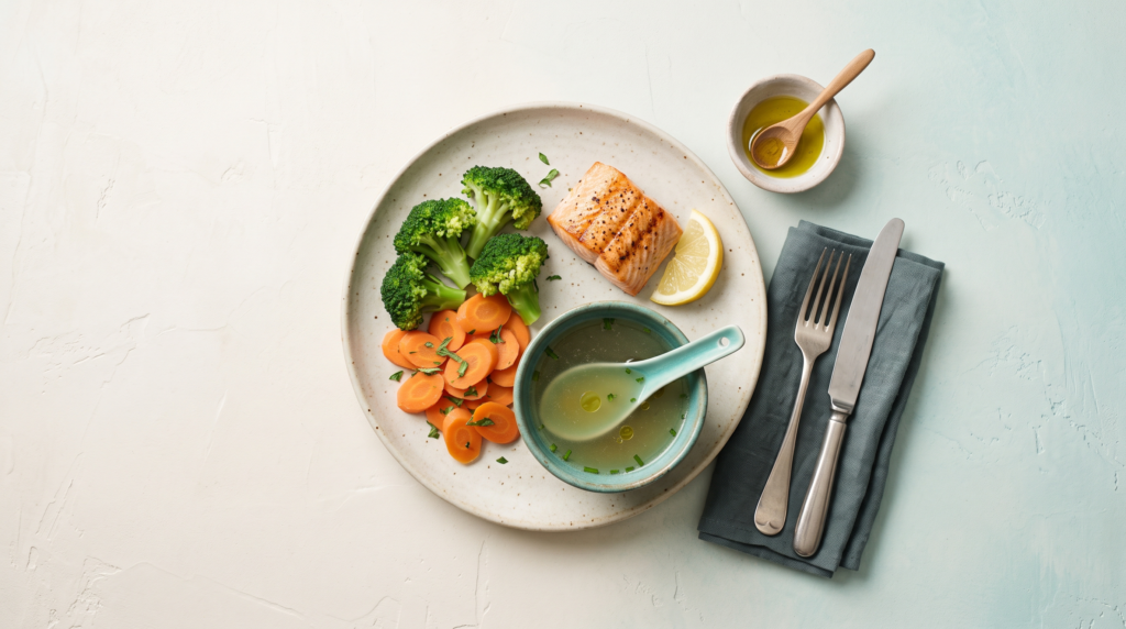 Plato sencillo de comida fácil de digerir: verdura cocida, pescado, aceite de oliva y caldo