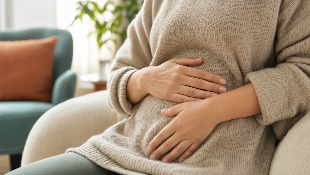 Persona con jersey de punto sujetando con calma su abdomen, sentada en un sofa junto a un sillon color teal