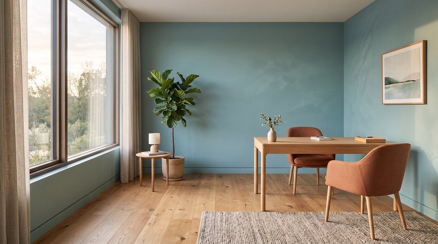 Rincon de consulta con mesa de madera clara, dos sillas terracota y pared teal iluminada por la ventana