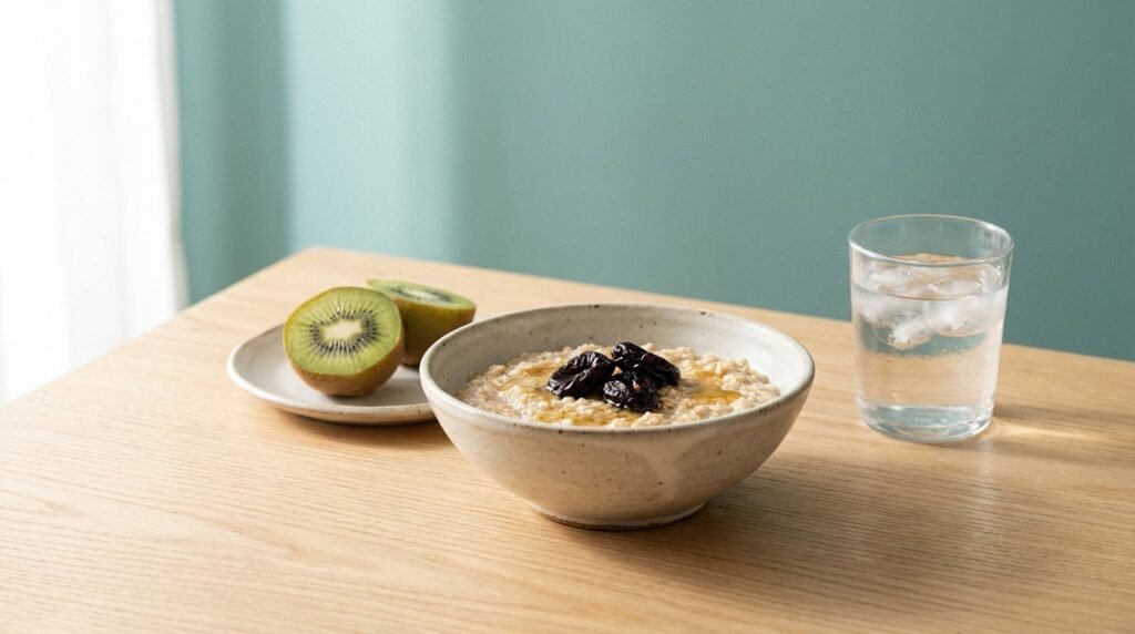 Avena con ciruelas pasas, kiwi y un vaso de agua, alimentos que ayudan al tránsito intestinal
