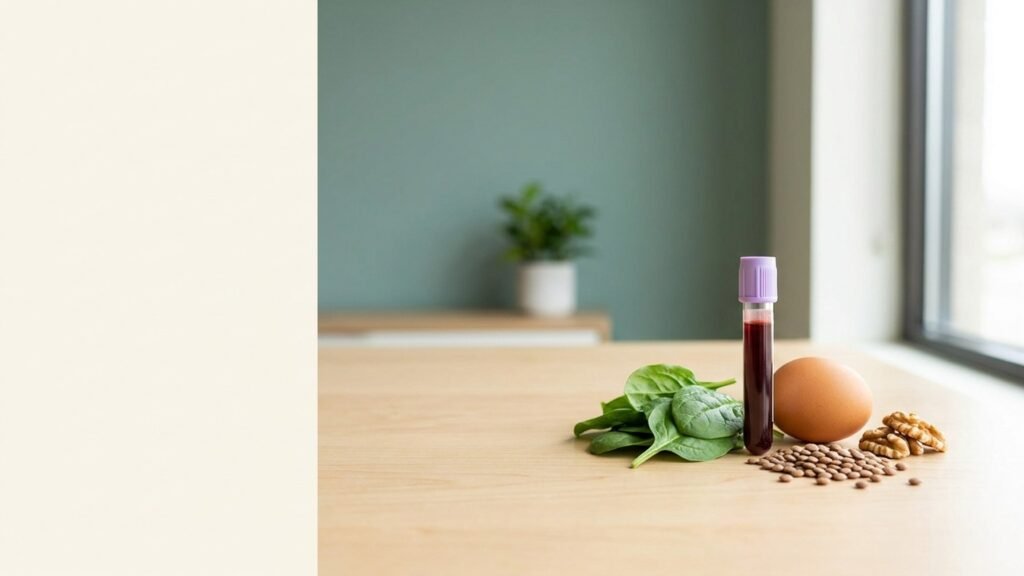 Tubo de analitica junto a alimentos ricos en vitaminas del grupo B sobre una mesa de madera