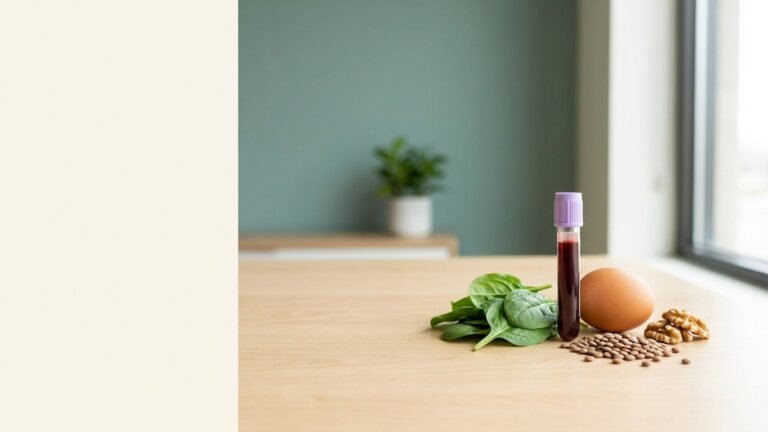 Tubo de analítica junto a hojas verdes, frutos secos y un huevo
