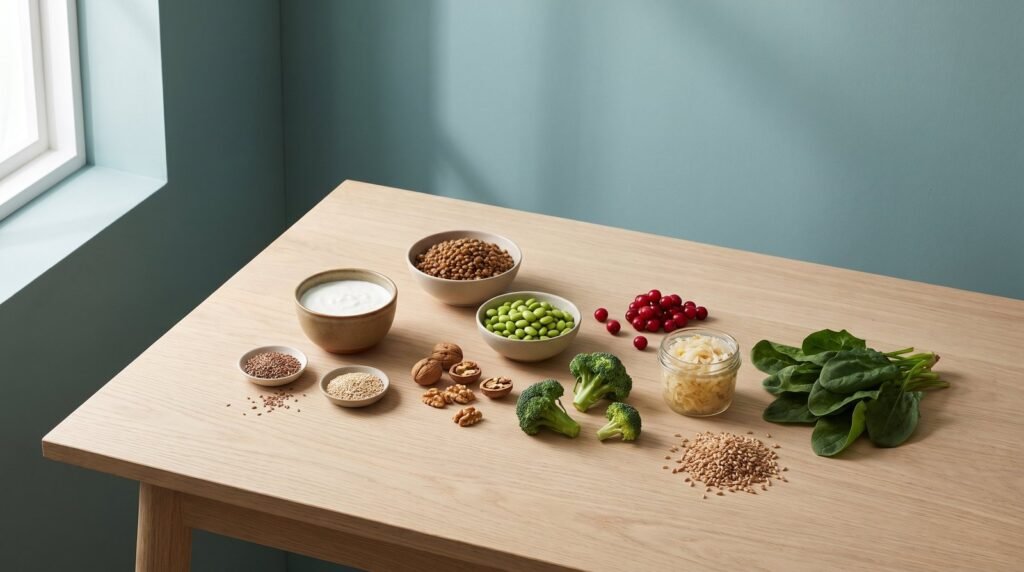 Bodegón con kéfir, lentejas, edamame, semillas de lino, nueces, brócoli, chucrut y espinacas sobre mesa de madera clara con pared teal, alimentación para la microbiota en la menopausia