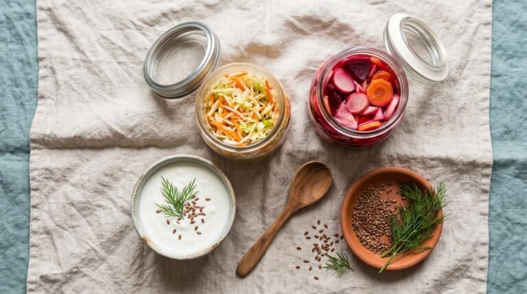 Tarros de fermentados, yogur y semillas sobre un mantel de lino, parte de lo que se trabaja después