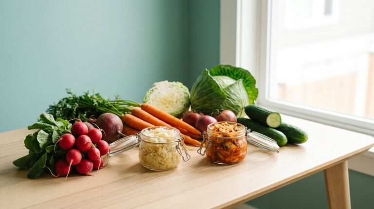 Verduras frescas y fermentados sobre la mesa: nutrición integrativa para la salud digestiva