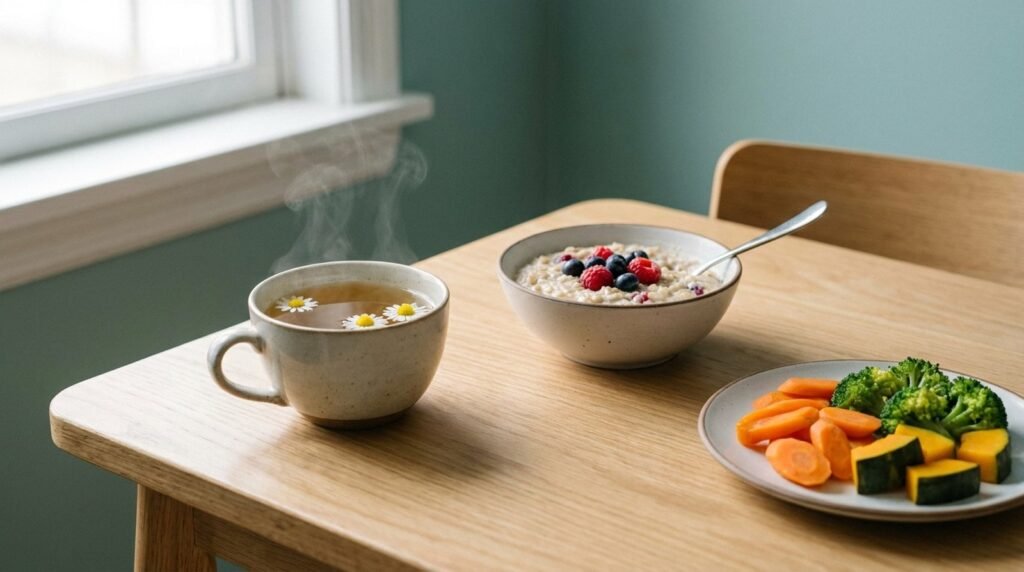 62 Infusion, avena y verduras suaves sobre una mesa de madera clara, comida amable para el reflujo y la acidez