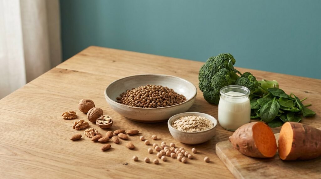 Bodegon con legumbres, avena, nueces y verdura sobre mesa de madera clara con pared teal, alimentacion para la resistencia a la insulina