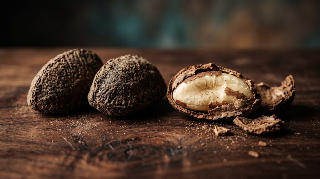 62 Detalle macro de tres nueces de Brasil, una abierta, sobre madera oscura con luz lateral