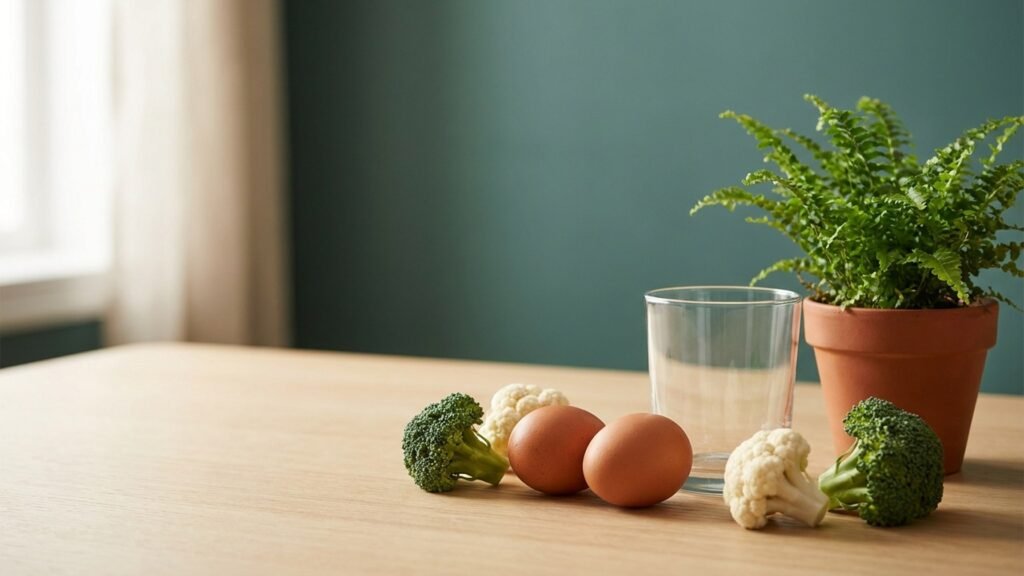 Huevos, brocoli y coliflor sobre una mesa, alimentos ricos en azufre relacionados con el SIBO H2S