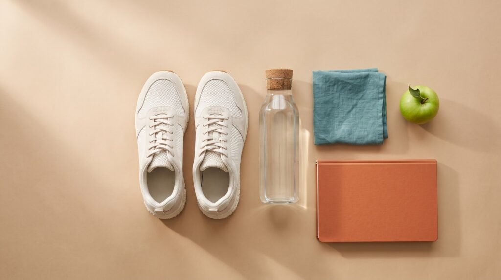 Zapatillas de andar, botella de agua, pano de lino y libreta vistos desde arriba sobre fondo beige, habito de caminar tras las comidas
