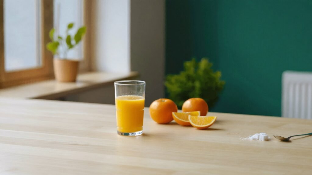 Vaso de zumo de naranja natural junto a naranjas enteras y azucar sobre una mesa de madera