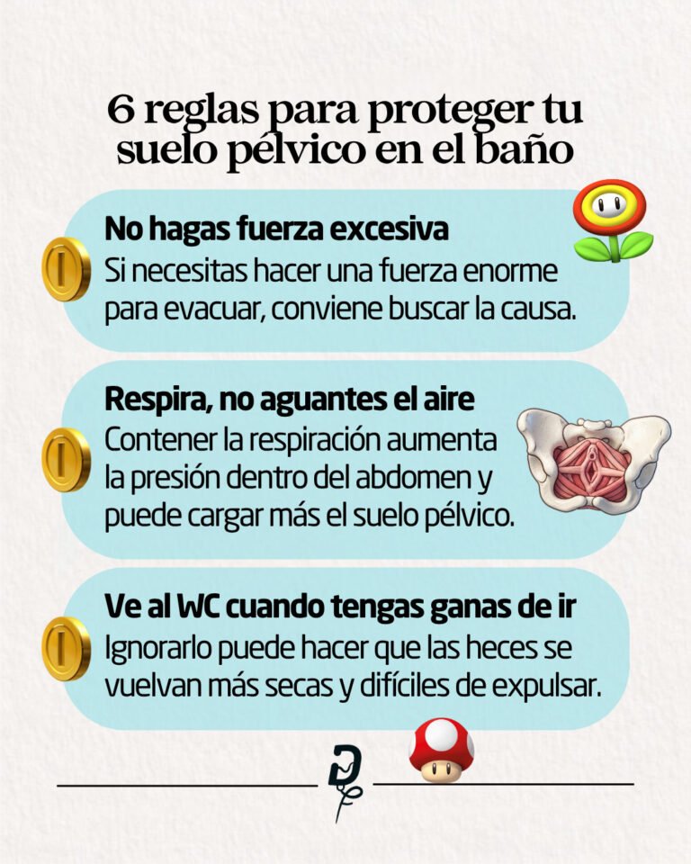 Estreñimiento crónico: por qué te pasa y qué ayuda de verdad 2 Lámina del Dr. Fontanals con 6 reglas para proteger el suelo pélvico en el baño: sin fuerza excesiva ni aguantar las ganas