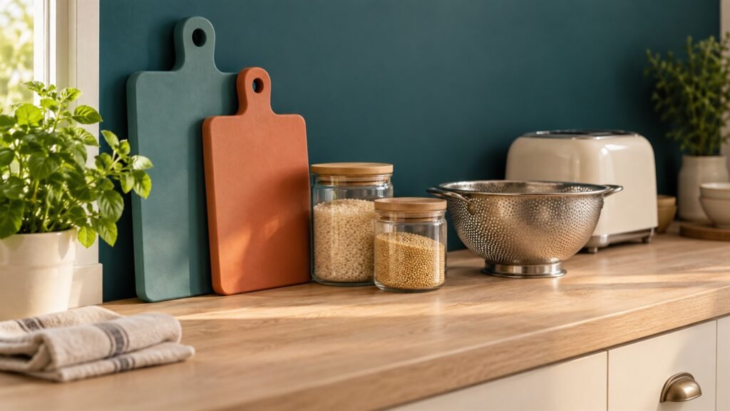 Dos tablas de cortar separadas junto a tarros cerrados, un colador y una tostadora en una cocina compartida
