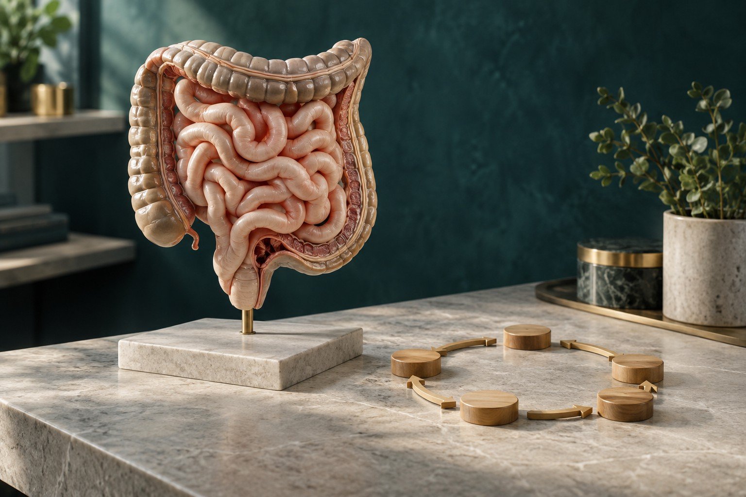 Vivir con SIBO: maqueta del intestino delgado y el colon sobre una mesa, donde actúa el complejo motor migratorio