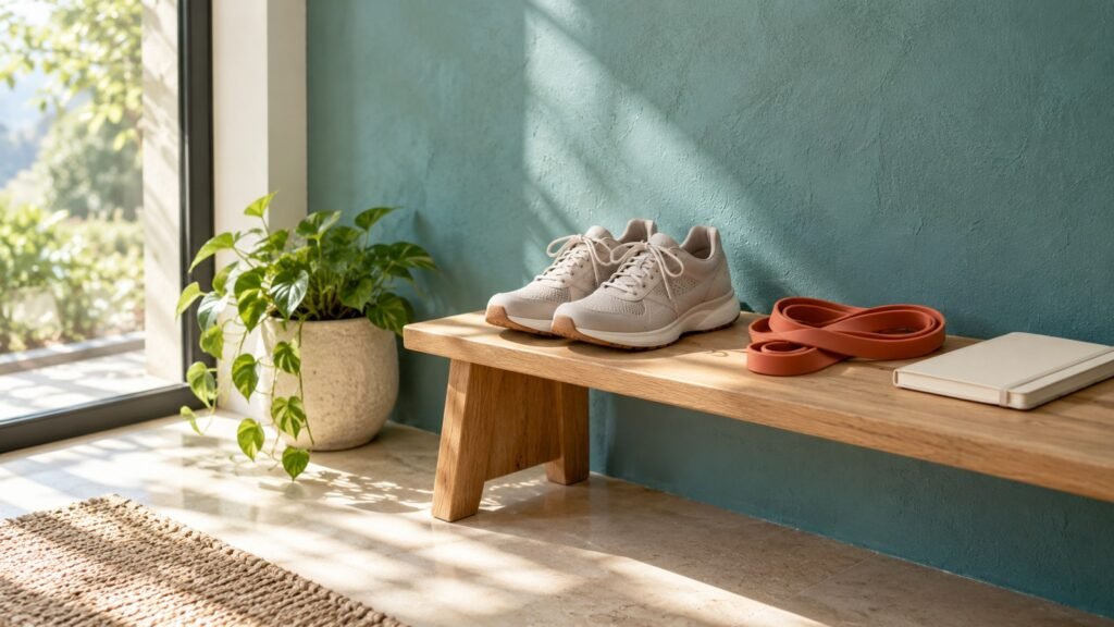 Zapatillas, banda de resistencia y libreta para planificar hábitos saludables