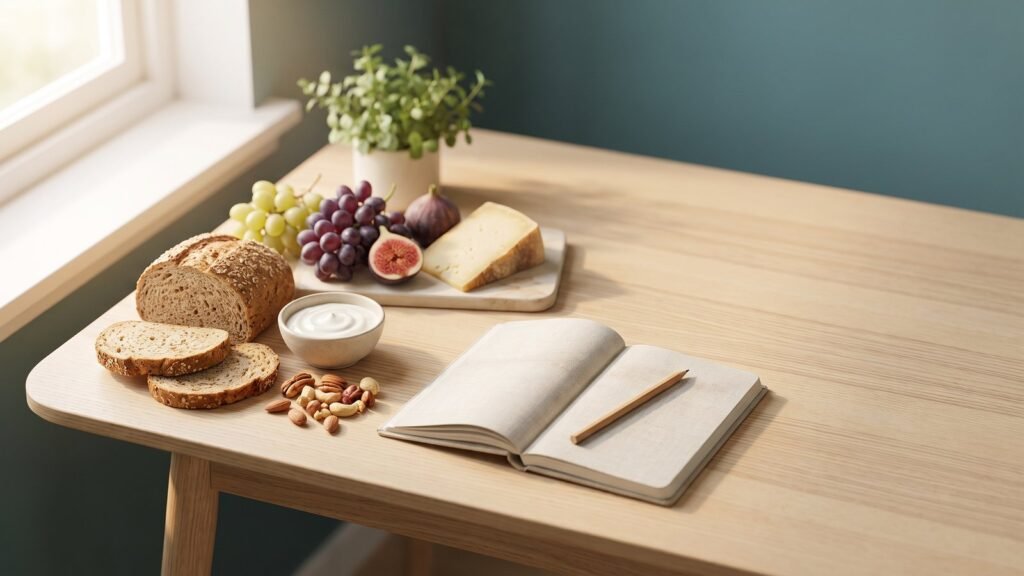 Pan integral, higos, uvas, frutos secos y una libreta sobre una mesa de madera clara