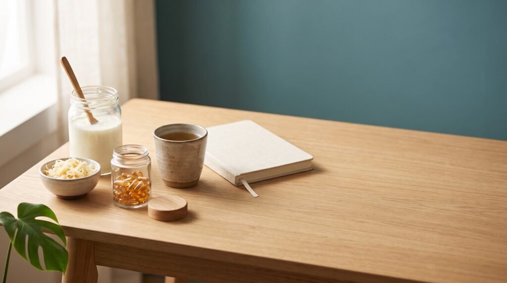 Bodegón editorial con un tarro de kéfir, un bol de chucrut, un frasco de cápsulas de probióticos, una taza de infusión y una libreta cerrada sobre una mesa de madera clara, con pared teal al fondo
