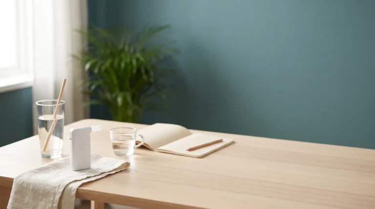 Vaso de agua y un pequeño analizador sobre una mesa de madera para el test de aliento