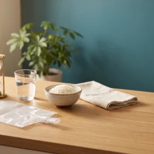 Bolsas de recogida de aliento, reloj de arena y vaso de agua preparados para la prueba de SIBO