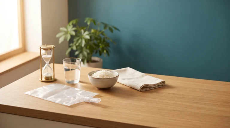 Bolsas de recogida de aliento, reloj de arena y vaso de agua preparados para el test de aliento de SIBO