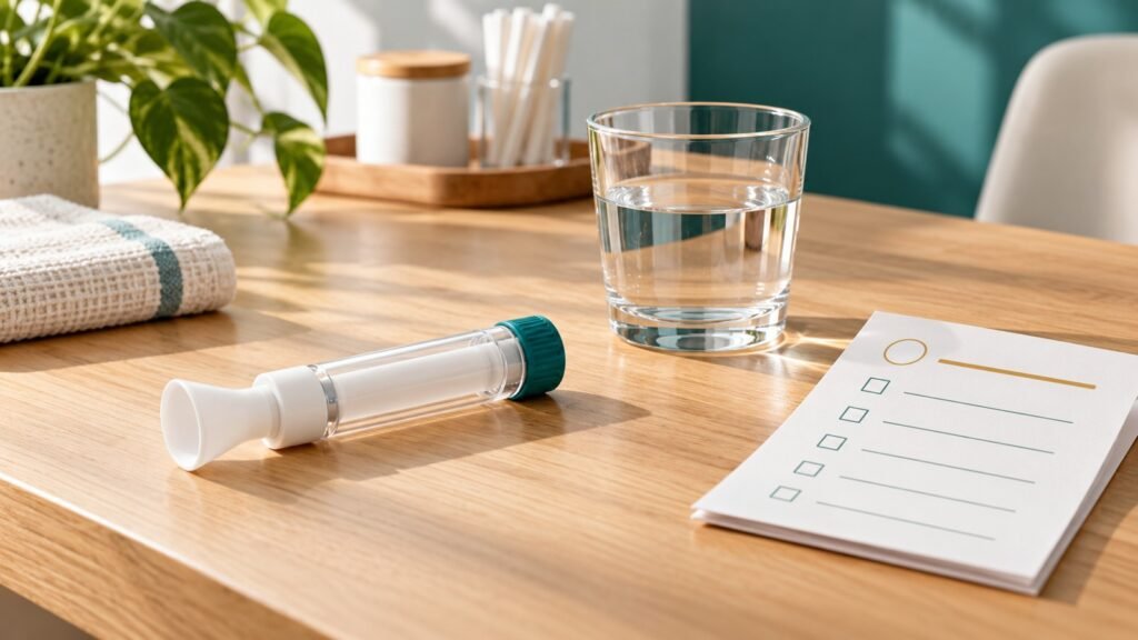 Dispositivo de prueba de aliento, vaso de agua e instrucciones sobre una mesa, test de intolerancia a la lactosa