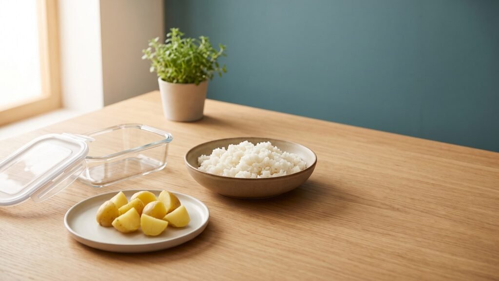Arroz y patata cocidos enfriándose en recipientes sobre una mesa