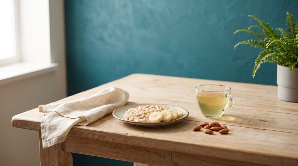 62 Bodegón con avena, plátano en rodajas, infusión de manzanilla y almendras sobre una mesa de madera clara, comida suave para la hernia de hiato
