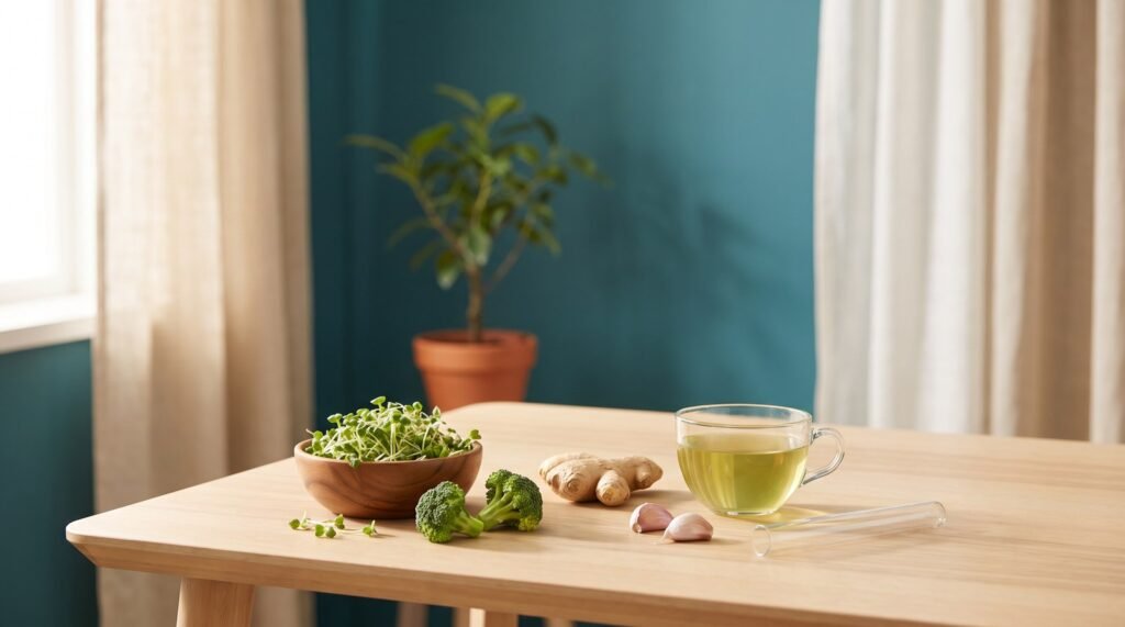 62 Brotes de brócoli, jengibre, ajo y té verde sobre una mesa de madera clara junto a un tubo de análisis, Helicobacter pylori y SIBO