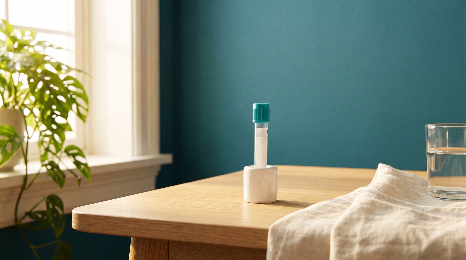 Helicobacter pylori y anemia: tubo de análisis de sangre sobre una mesa de madera clara